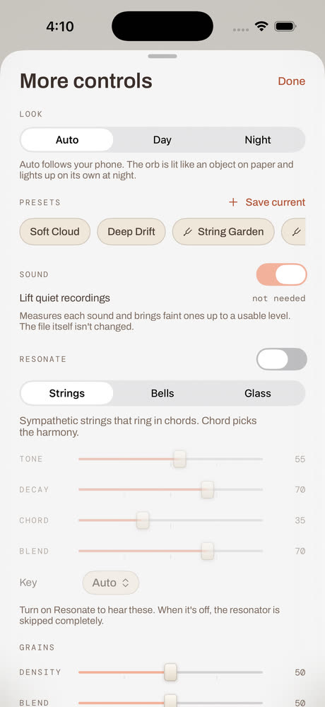 The More controls sheet: look, presets, lift quiet recordings, the resonator with Strings, Bells and Glass, and the grain controls.