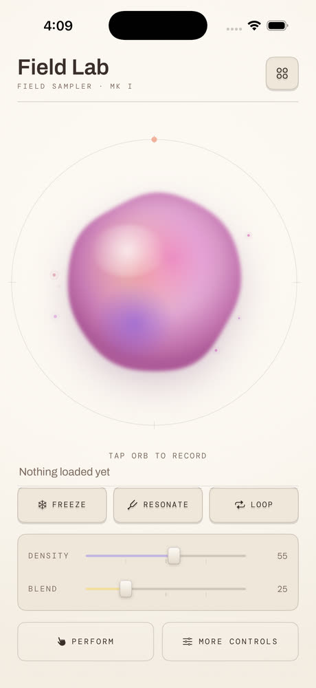 Field Lab's main screen: one large orb, with Freeze, Resonate and Loop beneath it and Density and Blend sliders.