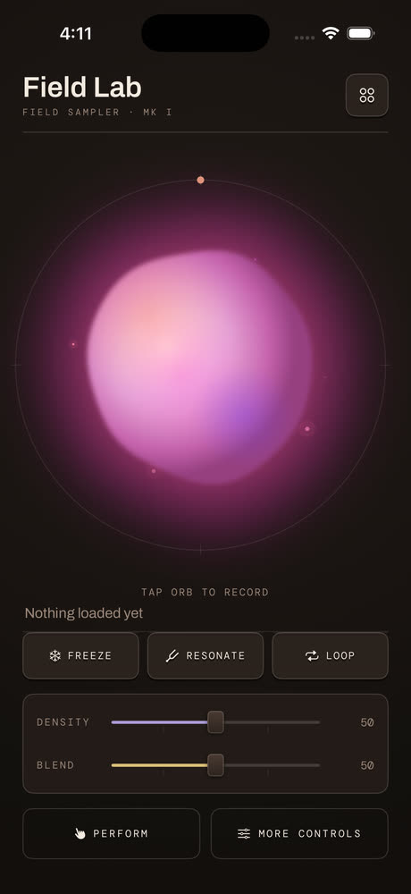 The same main screen at night: the orb glowing against near-black.