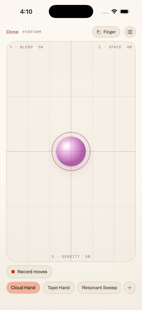 The perform page: an XYZ pad with the orb at its centre, labelled density across, blend up and space on the third axis.
