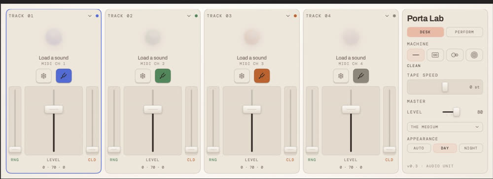 The Porta Lab desk running as an Audio Unit: four channel strips with their orbs and faders, and the master column.